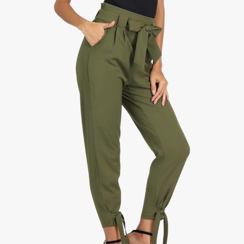 Grace Karin Paperbag Waist Tapered Ankle Tie Pants, Womens Medium Olive Green